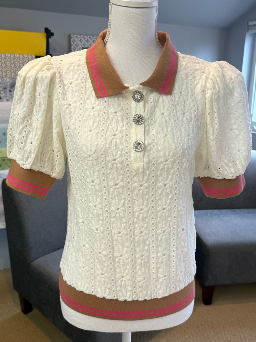Maeve Puff-Sleeve Lace Polo Top Anthropologie Small - Picture 5 of 14